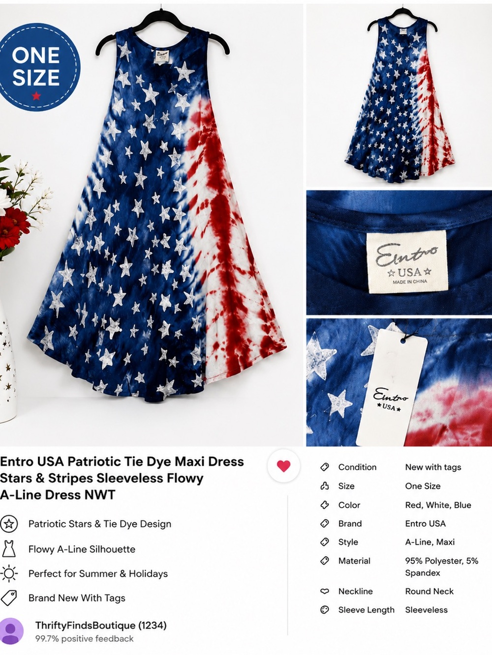 Entro USA Red White Blue Tie-Dye Stars Sleeveless A-Line Dress